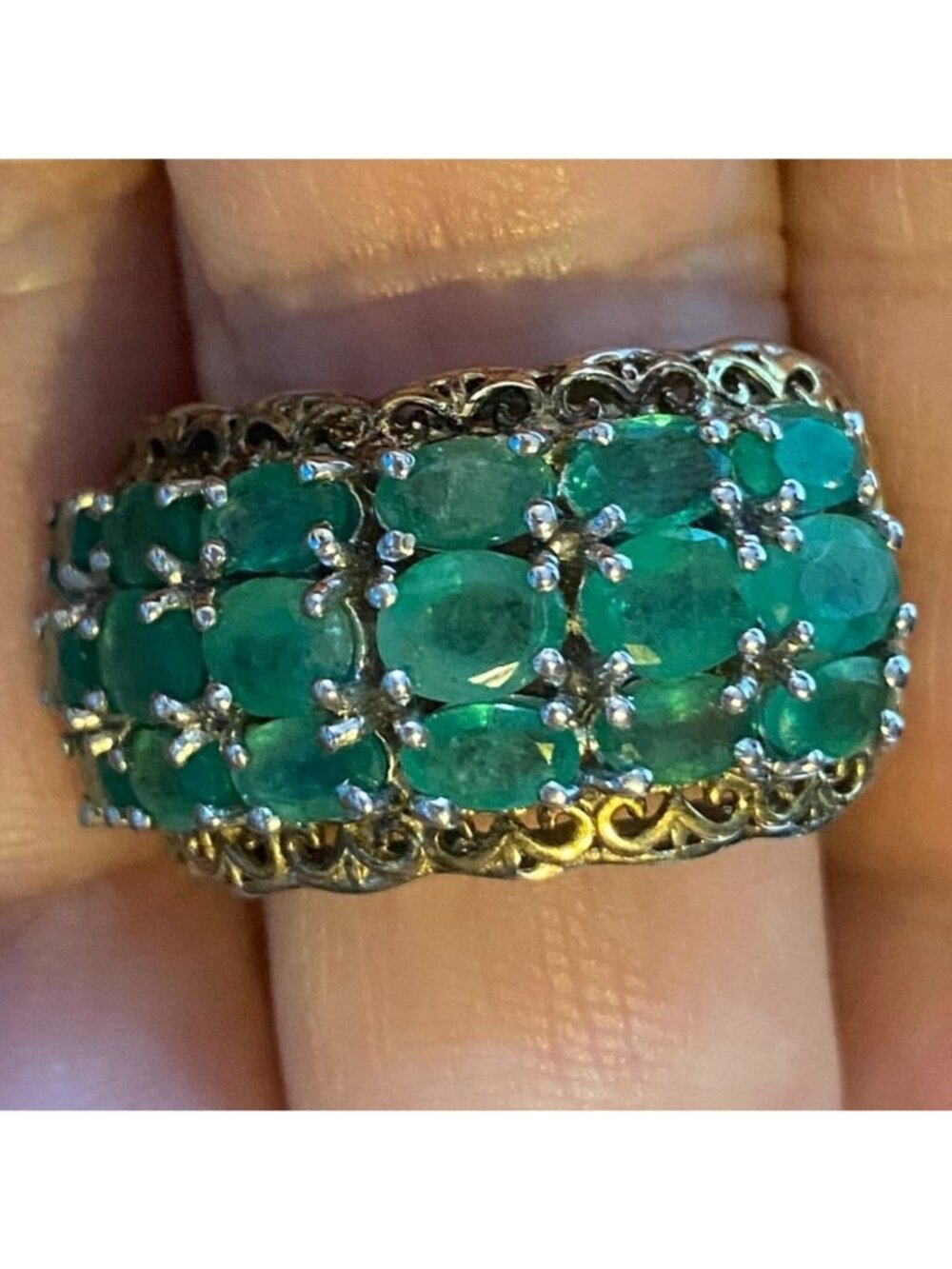 Ring Emerald Size 8 18 Stones 9.366 Carats Sterling Silver 925 Gold Accent